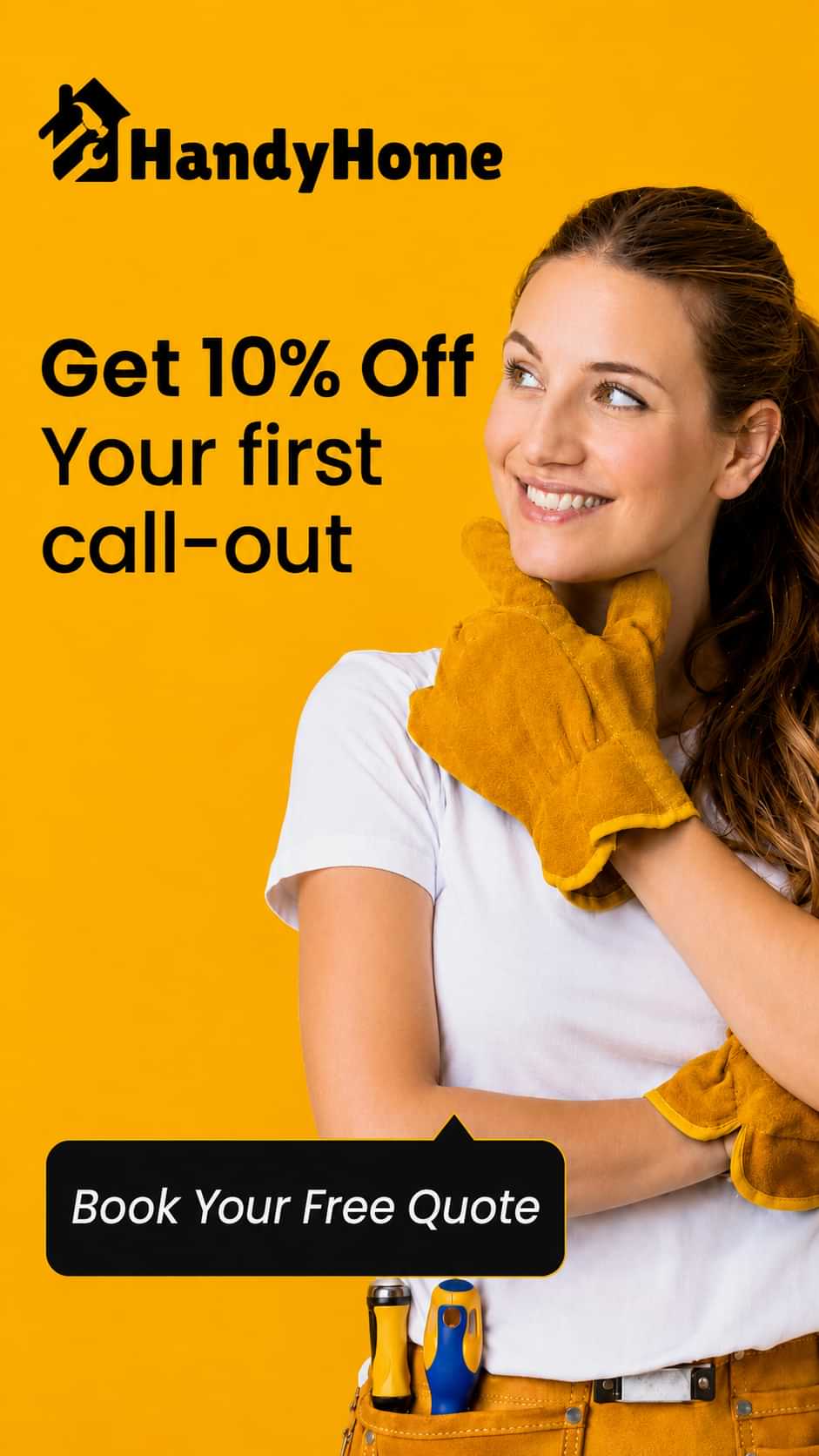 HandyHome 10% off first call-out promotion with smiling female handyman and free quote offer