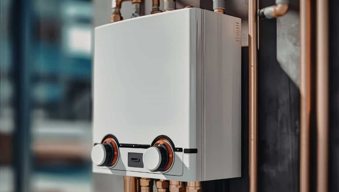 Wall-mounted tankless water heater installed with copper plumbing pipes