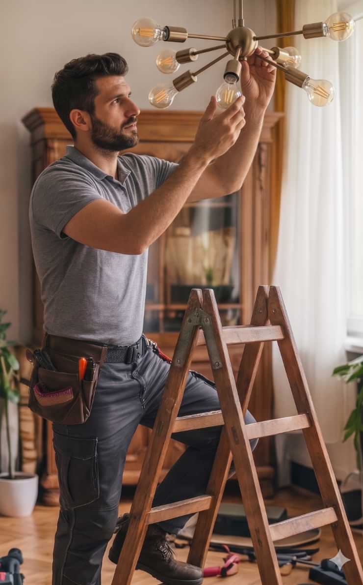 Electrician replacing a light bulb in a modern ceiling fixture